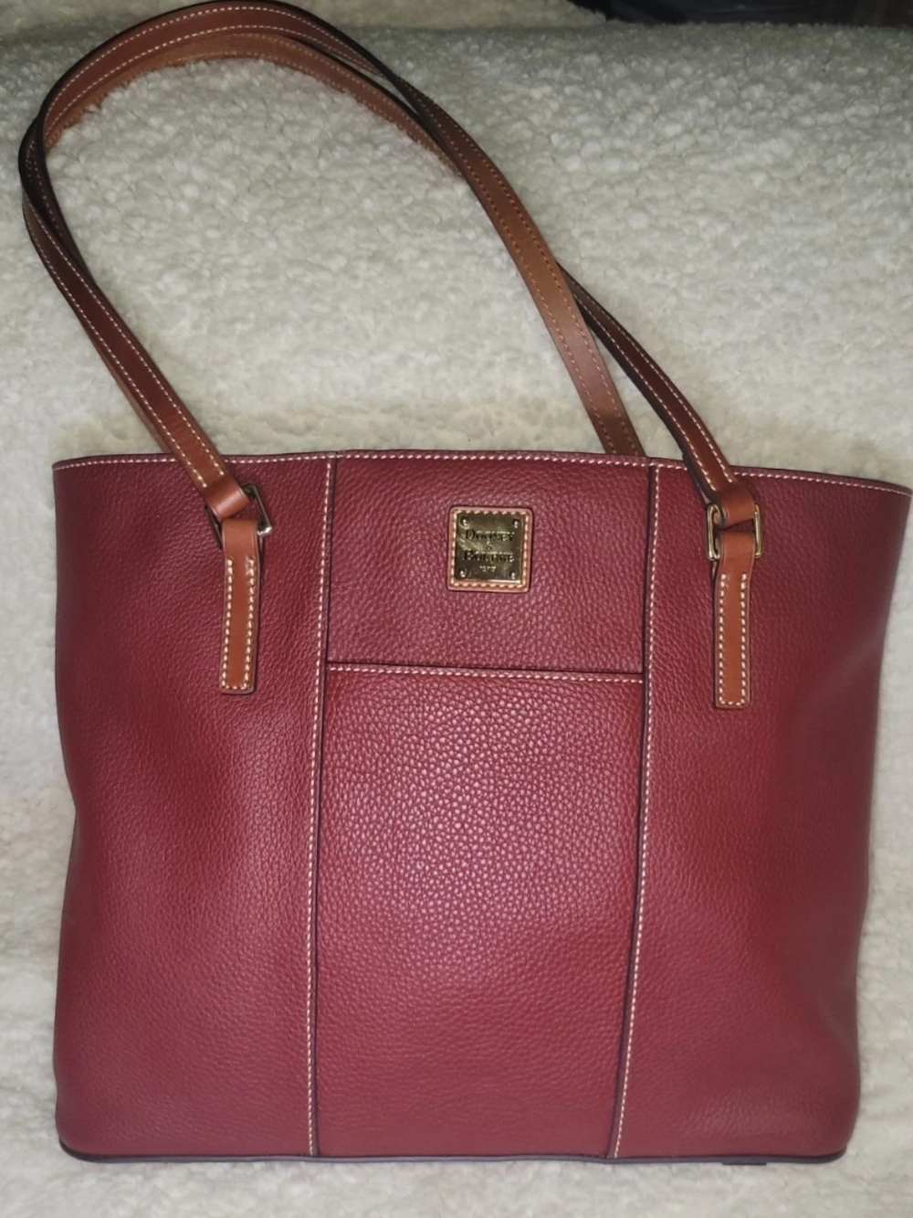 Dooney & Bourke Red Pebbled Leather Tote with Tan Straps In Bordeaux